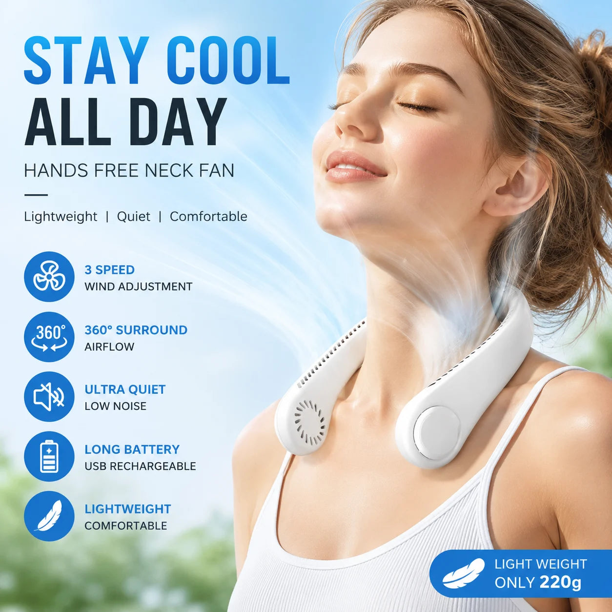 AirLoop Neck Fan — Bladeless, Rechargeable, 20H Battery